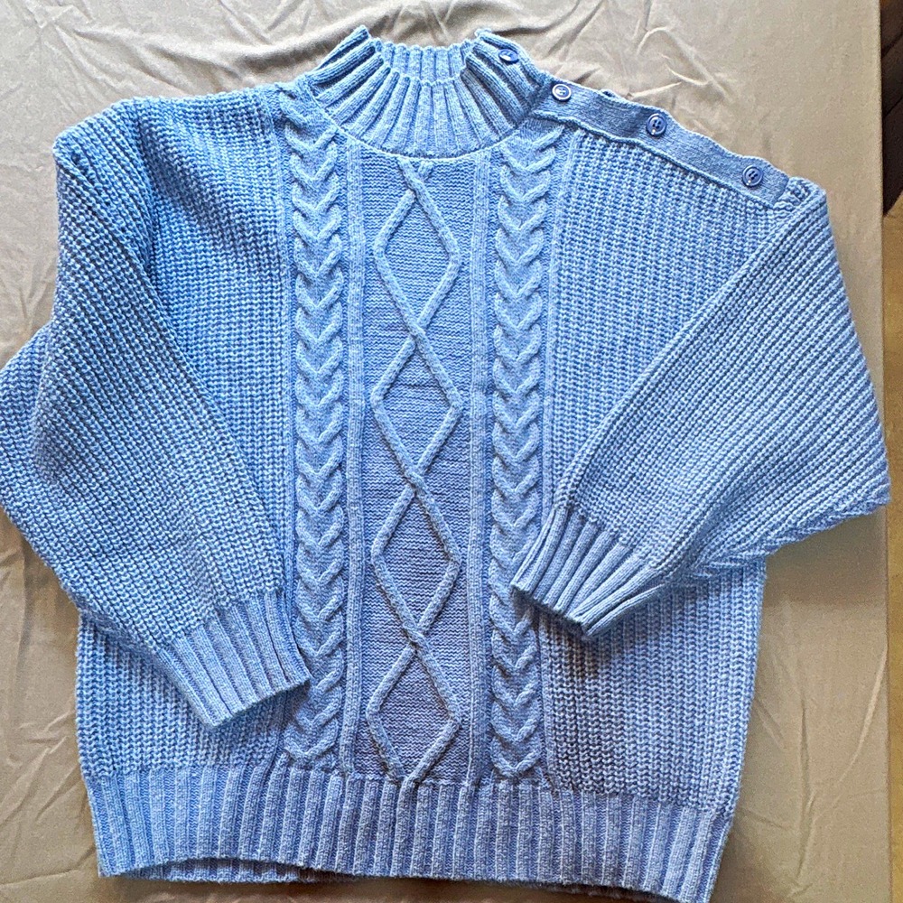 Women's XL Blue Cable-Knit Mock Neck Pullover Sweater Button Shoulder Long